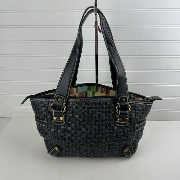 Fossil Modern Vintage Raffia Black Rattan Leather Woven Satchel Shoulder Bag Key - Picture 4 of 16